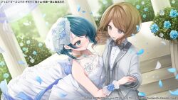 2girls aizawa_kazuha assault_lily asymmetrical_hair bare_shoulders black_bow black_bowtie blue_eyes blue_flower blue_gemstone blue_hair blue_rose blurry blurry_background blush bow bowtie breasts bride brown_hair bush closed_mouth collared_shirt commentary_request copyright_notice day dress eye_contact falling_petals female_focus floral_print flower formal_clothes frilled_sleeves frills gem glint gloves grey_eyes grey_gloves grey_jacket hair_flower hair_ornament halter_dress halterneck hand_up holding_hands iijima_renka jacket jewelry kurage_cc light_particles long_dress long_hair long_sleeves looking_at_another low_side_ponytail medium_breasts medium_hair multiple_girls nose_blush official_alternate_costume official_art open_clothes open_jacket outdoors pant_suit pants parted_lips pendant petals pillar print_dress ring rose rose_print see-through_clothes see-through_veil shirt side_ponytail sleeveless sleeveless_dress smile stairs suit upper_body veil wedding_dress white_dress white_flower white_shirt white_veil wife_and_wife wrist_cuffs yuri