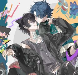 Rule 34 | 2boys, animal ears, bandages, black hair, black jacket, black tank top, blue hair, chibi, chibi inset, collarbone, ear piercing, fang, green eyes, hair between eyes, holding hands, jacket, jewelry, long sleeves, looking at another, male focus, multiple boys, necklace, open clothes, open jacket, original, pants, piercing, purple eyes, qyzhiaiyisheng, shirt, short hair, smile, tank top, torn clothes, yaoi