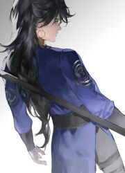 1boy absurdres black_hair black_pants black_sash blue_sleeves blue_tunic cowboy_shot earrings from_behind gradient_background green_eyes grey_background hair_behind_ear highres holding holding_polearm holding_weapon hoop_earrings jewelry long_hair looking_down male_focus nanfengpiaobudong open_mouth original pants polearm profile sash solo standing three-quarter_sleeves tunic waist_sash weapon white_background wristband