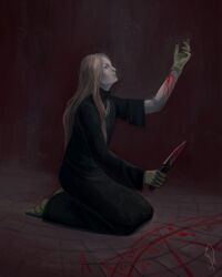 black_robe bleeding blood blood_on_ground bloody_knife enki_(fear_&amp;_hunger) fear_&amp;_hunger_(series) fear_&amp;_hunger_1 floor full_body gloves green_gloves grey_hair highres holding holding_knife holding_weapon i_s99_r9d kneeling knife long_hair robe solo solo_focus weapon wrist_cutting