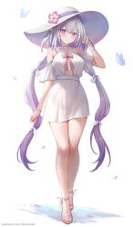1girl alternate_costume bare_legs bare_shoulders blue_butterfly blush bow bowtie breasts bright_pupils bug butterfly castorice_(honkai:_star_rail) closed_mouth collarbone commentary dress english_commentary feet flower full_body gradient_hair grey_hair halter_dress halterneck hand_in_own_hair hand_up hat hat_flower highres honkai:_star_rail honkai_(series) insect large_breasts legs long_hair looking_at_viewer multicolored_hair narijade patreon_username pink_bow pink_bowtie pink_flower pink_petals purple_eyes purple_hair sandals simple_background smile solo sun_hat toes very_long_hair white_background white_dress white_hat white_pupils