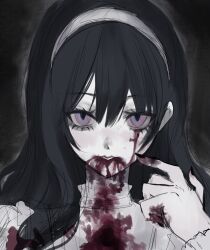 1girl akai_ringo_(eveyuno) black_background black_hair blood blood_from_mouth bloody_tears headband highres looking_at_viewer original pointing pointing_at_self white_headband