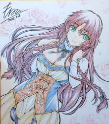 1girl black_bow black_ribbon bow braid breasts cleavage closed_mouth clothing_request commentary_request dated floral_print flower green_eyes green_skirt hair_bow highres hong_meiling large_breasts long_hair long_sleeves looking_at_viewer monety neck_ribbon no_headwear red_hair ribbon rose_print shikishi signature skirt smile solo touhou traditional_media twin_braids very_long_hair