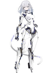1girl barcode barcode_tattoo breasts commission cyborg full_body grey_eyes grey_hair hair_ornament hairclip highres joints looking_at_viewer medium_breasts medium_hair nanatsuki_sousuke no_feet original pale_skin robot_joints science_fiction skeb_commission solo standing tail tattoo white_background
