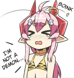 &gt;_&lt; 1girl ahoge animal_print beans bra closed_eyes eyebrows facial_mark female_focus flat_chest food hair_ornament hard-translated horn_ornament horn_ring horns long_hair navel no_nose oni open_mouth original pink_hair pointy_ears setsubun solo tears third-party_edit tiger_print to-gnaniwa translated underwear