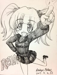 Rule 34 | 1girl, absurdres, artist name, dated, girls und panzer, girls und panzer phase erika, hair ornament, highres, kuromorimine military uniform, lichyiblue, miniskirt, monochrome, one-hour drawing challenge, rou leila, skirt, smile, traditional media, twintails
