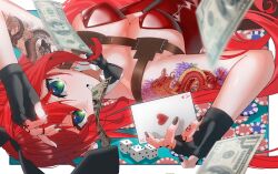 1girl absurdres ace_(playing_card) ace_of_hearts animal_ear_hairband animal_ears arm_tattoo banknote black_bow black_bowtie black_gloves black_nails bow bowtie breasts card detached_collar dice dollar_bill dragon_tattoo elly_(vtuber) elly_(vtuber)_(bunny) fake_animal_ears fingerless_gloves gloves green_eyes hairband heart highres holding holding_card indie_virtual_youtuber kizawayoh leotard long_hair money playing_card poker_chip rabbit_ear_hairband rabbit_ears red_hair red_leotard shadow solo tattoo virtual_youtuber
