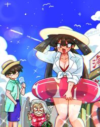 1girl 2boys ^_^ artist_name bikini black_hair blue_shirt blue_shorts blue_sky breasts brown_hair cleavage closed_eyes cloud cloudy_sky collarbone crowd day food hand_in_pocket hat highres holding holding_food holding_ice_cream holding_swim_ring ice_cream igami_ichika innertube lifebuoy long_hair looking_at_viewer multiple_boys no_pants outdoors red_bikini red_eyes shirt short_hair shorts sky summer susume!_ashitabara_gakuen swim_ring swimsuit tied_shirt v wanta_(futoshi) white_hat