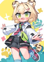 1girl animal_ears blonde_hair blue_shirt commission fang green_eyes hair_ornament hairclip highres jacket nanatsuta necktie original shirt shoes shorts skeb_commission sneakers solo tail thick_eyebrows tiger_ears tiger_girl tiger_tail toramimi-senpai