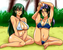 Rule 34 | 00s, 10s, 2girls, blackfn, breasts, cleavage, fishneak, flexible, green hair, kousaka shigure, kushinada mikumo, large breasts, long hair, multiple girls, purple hair, shijou saikyou no deshi ken&#039;ichi, swimsuit