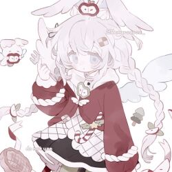 1girl black_skirt blue_eyes braid feathered_wings food fork hair_between_eyes hair_ornament head_wings holding holding_fork jacket long_hair long_sleeves memuro original pale_skin pantyhose red_jacket simple_background skirt solo twin_braids twitter_username white_background white_hair wings