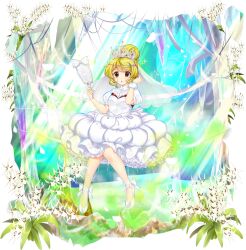 1girl alternate_costume alternate_hairstyle blonde_hair blush bow dress flower flower_request footwear_bow game_cg hair_bun high_heels highres holding holding_mirror kurodani_yamame mirror official_art open_mouth puffy_short_sleeves puffy_sleeves rotte_(1109) scrunchie short_sleeves silk solo sparkle spider_web third-party_source tiara touhou touhou_lostword transparent_background veil wedding_dress white_bow white_dress white_flower white_footwear wrist_scrunchie