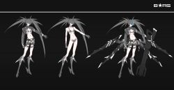 1girl absurdres asymmetrical_hair barcode barcode_tattoo bikini black_background black_gloves black_hair black_rock_shooter black_rock_shooter_(character) blue_eyes boots cannon choker cropped_jacket flaming_eye flat_chest gloves high_heel_boots high_heels highres knee_boots long_hair looking_at_viewer low_wings mecha_musume mechanical_wings navel pale_skin peinlike revealing_clothes shrug_(clothing) skinny standing swimsuit tattoo twintails variations very_long_hair wings