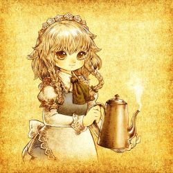 Rule 34 | 1girl, bad id, bad pixiv id, braid, female focus, hairband, izayoi sakuya, maid, short hair, solo, souri, teapot, touhou, twin braids