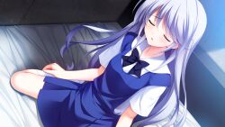 1girl bed black_bow black_bowtie blue_dress blush bow bowtie closed_eyes collared_shirt dress dutch_angle fumio_(ura_fmo) game_cg grey_hair grisaia_(series) grisaia_no_rakuen highres kazami_kazuki long_hair non-web_source official_art on_bed open_mouth pinafore_dress school_uniform shirt short_sleeves sitting sleeveless sleeveless_dress solo swept_bangs very_long_hair wariza white_shirt