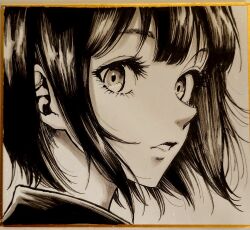 Rule 34 | 1girl, calligraphy brush (medium), commentary request, expressionless, eyelashes, greyscale, looking at another, looking back, makomako1061, monochrome, original, parted lips, photo (medium), portrait, shikishi, short hair, sidelocks, solo, traditional media, turning head
