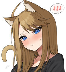 Rule 34 | 1girl, ahoge, animal ear fluff, animal ears, binsen, black shirt, blue eyes, blush, breasts, brown hair, cat ears, cat tail, cleavage, closed mouth, collarbone, flipped bangs, highres, idolmaster, idolmaster million live!, kemonomimi mode, long hair, looking at viewer, portrait, shirt, simple background, solo, speech bubble, sweat, tail, tokoro megumi, white background