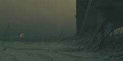 ashes dilapidated grey_theme haze highres motor_vehicle no_humans overpass parking_permissive_sign road_sign science_fiction sign simon_stalenhag the_labyrinth tree unconventional_vehicle wheel