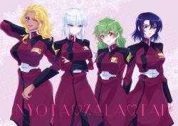 Rule 34 | 4girls, absurdres, arms behind back, arms under breasts, athrun zala, blonde hair, blue eyes, blue hair, breasts, brown eyes, closed mouth, commentary request, cowboy shot, crossed arms, dearka elsman, frown, genderswap, genderswap (mtf), green eyes, green hair, gundam, gundam seed, highres, jacket, large breasts, leafmoon 222, long hair, looking at viewer, medium breasts, military uniform, multiple girls, nicol amafli, one eye closed, parted lips, pink background, purple eyes, red jacket, short hair, side-by-side, smile, tan, white hair, yzak joule, zaft uniform