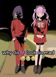 1boy 1girl brother_and_sister emoji full_body highres long_hair long_sleeves looking_at_viewer matching_hair/eyes night outdoors pink_eyes pink_hair pleated_skirt purple_hair red_skirt siblings skirt standing the_hundred_line_-last_defense_academy- tsukumo_ima tsukumo_kako twins twintails why_dis_ninja_look_so_mad_(meme)