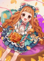 1girl :d animal_ears bear_ears blue_skirt blurry blurry_background blush bouquet bow braid brown_eyes brown_fur brown_hair commentary_request depth_of_field ear_bow feet_out_of_frame flower frilled_skirt frills hair_bow heart highres holding holding_bouquet ichihara_nina idolmaster idolmaster_cinderella_girls idolmaster_cinderella_girls_starlight_stage long_hair long_sleeves looking_at_viewer low_twintails open_mouth plaid_clothes plaid_skirt puffy_long_sleeves puffy_sleeves rino_cnc shirt sitting skirt smile solo striped_bow stuffed_animal stuffed_toy teddy_bear twin_braids twintails very_long_hair white_shirt yellow_flower