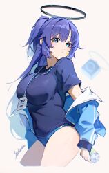 1girl absurdres blue_archive blue_buruma blue_eyes blue_jacket blue_shirt bottle buruma facial_tattoo highres holding holding_bottle jacket long_hair looking_at_viewer official_alternate_costume official_alternate_hairstyle ponytail purple_hair sakanafish shirt solo star_tattoo tattoo water_bottle yuuka_(blue_archive) yuuka_(track)_(blue_archive)