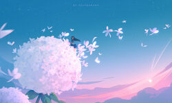 1girl artist_name black_hair blue_dress bug butterfly cloud dress flower huhv. insect long_hair original outdoors scenery sky solo star_(sky) starry_sky sunset wide_shot