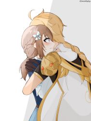 1boy 1girl aether_(genshin_impact) ahoge armor artist_name blonde_hair braid braided_ponytail brown_hair cape commentary_request direidyth_(genshin_impact) flower genshin_impact gloves hair_flower hair_ornament highres hug long_hair low_ponytail matabi-id ponytail shoulder_armor simple_background single_braid twitter_username upper_body white_background white_cape white_flower