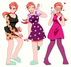 Rule 34 | 1girl, absurdres, blush, brown eyes, brown hair, reference sheet, diamond wa kudakenai, dress, heart, highres, jojo no kimyou na bouken, kawajiri shinobu, mature female, nail polish, pantyhose, polka dot, ponytail, slippers, tariah furlow, variations, waving