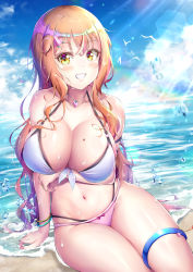 1girl beach bikini blue_sky blush bracelet breasts cleavage cloud collarbone duplicate front-tie_bikini_top front-tie_top grin hair_ornament halterneck heart heart_hair_ornament heart_necklace highres jewelry large_breasts long_hair looking_at_viewer mole mole_on_breast multi-strapped_bikini_bottom natsusora_aona navel necklace novady orange_hair original outdoors pixel-perfect_duplicate sky smile solo sunlight swimsuit thigh_strap water wet white_bikini yellow_eyes