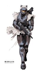 1boy alternate_costume animal_ears apron armor assault_rifle bullpup cat_ears armor_under_clothes frilled_apron frills full_armor gun halo:_reach halo_(series) helmet highres holding holding_gun holding_weapon ma5 maid_apron maid_headdress power_armor rifle simple_background solo spartan-b312 spartan_(halo) standing taocan_shisi_hao weapon white_apron white_background