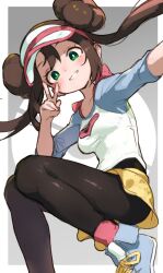 Rule 34 | 1girl, :d, black pantyhose, blue shoes, brown hair, double bun, green eyes, hair bun, jamir, long hair, looking at viewer, nintendo, open mouth, pantyhose, pokemon, pokemon bw2, rosa (pokemon), shirt, shoes, shorts, smile, solo, three-quarter sleeves, twintails, v, visor cap, yellow shorts