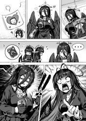 ... 2girls ^_^ absurdres antenna_hair blue_archive blunt_bangs cameo choker closed_eyes collarbone comic commentary commentary_request doodle_sensei_(blue_archive) eating english_commentary feathered_wings gift gloves greyscale hair_between_eyes halo hasumi_(blue_archive) highres holding holding_gift holding_jar jar oversized_wings long_hair long_sleeves matoba_ryou mixed-language_commentary monochrome multiple_girls nervous_sweating pleated_skirt pointing school_uniform sensei_(blue_archive) serafuku sharp_teeth sidelocks silent_comic skirt spoken_object sweat teeth tsurugi_(blue_archive) wings