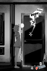 ... 1girl artist_name commentary door elf english_commentary full_body greyscale hallway heart highres indoors long_sleeves medium_hair monochrome mushoku_tensei paid_reward_available patreon_logo patreon_username pointy_ears sailor_collar shirt skirt slippers sound_effects spoken_ellipsis spoken_heart standing sydus sylphiette_(mushoku_tensei)
