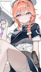 Rule 34 | 1girl, absurdres, anchor hair ornament, anniversary, belt pouch, blue serafuku, blue skirt, braid, bright pupils, collar, commentary, counter:side, cropped shirt, crossed bangs, hair between eyes, hair intakes, hair ornament, hairclip, hand up, hat, highres, holding, horn speaker, huu (dighapdlxm12), knee up, korean commentary, light blush, light smile, looking at viewer, looking down, neckerchief, pink hair, pouch, purple eyes, sailor collar, school uniform, serafuku, shirt, short sleeves, side braid, simple background, single braid, sitting, skirt, solo, speaker, white background, white hat, white neckerchief, white pupils, white sailor collar, white shirt, yuppie (counter:side)