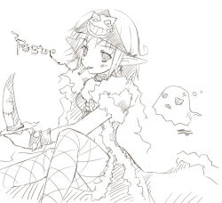 1girl 2000s_(style) bad_id bandana belt_collar breasts cigarette coat collar dagger earrings feet_out_of_frame fishnet_pantyhose fishnets fur-trimmed_coat fur_trim ghost greyscale holding holding_dagger holding_knife holding_weapon jewelry knife looking_at_viewer medium_breasts monochrome navel open_clothes open_coat pantyhose pointy_ears ragnarok_online rogue_(ragnarok_online) sheet_ghost short_hair short_sleeves simple_background sitting sketch smoking solo weapon whisper_(ragnarok_online) yukitarou_(awamori)