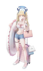 Rule 34 | 1girl, absurdres, alternate costume, alternate hairstyle, bag, bare shoulders, blonde hair, blue archive, blue bow, blue eyes, blue halo, blush, bow, breasts, cleavage, closed mouth, collarbone, commentary request, converse, crop top, cross-laced footwear, denim, denim shorts, frilled innertube, ggz (gguzal 95), grey shorts, hair bow, hair ornament, halo, highres, holding, holding phone, long hair, looking at viewer, medium breasts, navel, off shoulder, phone, pink shoes, puffy sleeves, rolling suitcase, shoes, shopping bag, shorts, simple background, socks, solo, stomach, suitcase, toki (blue archive), twintails, v-neck, white background, white innertube, white socks