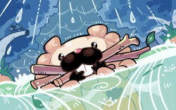 bidoof bird black_eyes brown_pupils buck_teeth cloud cloudy_sky commentary_request creatures_(company) game_freak gen_4_pokemon gogeyama grass leaf mouth_hold nintendo no_humans outdoors partially_underwater_shot pokemon pokemon_(creature) rain sky starly teeth water