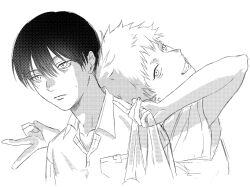 2boys back-to-back closed_mouth collared_shirt expressionless greyscale hair_between_eyes hikaru_(hikaru_ga_shinda_natsu) hikaru_ga_shinda_natsu looking_at_viewer looking_back male_focus mole mole_on_cheek mole_under_eye monochrome multiple_boys multiple_moles sajujutsu shirt short_hair simple_background smile tsujinaka_yoshiki v white_background white_shirt