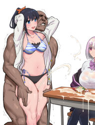 Rule 34 | 1boy, 2girls, absurdres, arms behind head, bikini, black hair, black pantyhose, blank stare, blue eyes, bow, bowtie, breasts, cardigan, clothed female nude male, cum, cum on body, cum on desk, cum on food, cum on hair, dark-skinned male, dark skin, desk, ejaculation, facial, gridman universe, hetero, highleg, highleg bikini, highres, jacket, keiichi r18, large breasts, long hair, long sleeves, medium breasts, multiple girls, navel, nude, off shoulder, official alternate costume, official alternate hairstyle, open cardigan, open clothes, orange scrunchie, pantyhose, penis, ponytail, purple bow, purple bowtie, purple hair, purple jacket, red eyes, school desk, school uniform, scrunchie, shinjou akane, shirt, short hair, side-tie bikini bottom, ssss.gridman, sweat, swimsuit, takarada rikka, textless version, thigh grab, thigh sex, thighs, whale tail (clothing), white background, white cardigan, white shirt