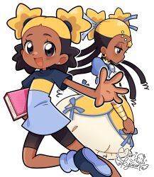 1girl aika_(kiana_mai) blonde_hair blush book bow dark-skinned_female dark_skin deformed dreadlocks dress earrings eyelashes highres hoop_earrings i_don&#039;t_want_to_be_a_magical_girl jewelry jitome magical_girl marikyuunn open_mouth shirt shoes shorts smile star-shaped_hair star_(symbol) star_guardian:_guardian_of_the_stars t-shirt very_dark_skin