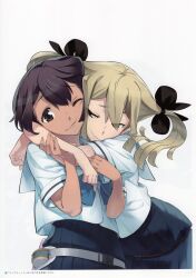 Rule 34 | 2girls, absurdres, arms around neck, belt, belt buckle, black bow, black hair, blue bow, blue skirt, bow, brown belt, brown hair, buckle, cheek-to-cheek, chest bow, crop top, daitoku junna, grey eyes, hair between eyes, hair bow, hair over one eye, heads together, highres, holding another&#039;s arm, hug, koujiro frau, leaning on person, long hair, looking at another, looking at viewer, miniskirt, multiple girls, multiple hair bows, official art, one eye closed, pleated skirt, ribbon, robotics;notes, sailor collar, school uniform, serafuku, shirt, short hair, short sleeves, sidelocks, simple background, skirt, smile, smirk, summer uniform, tablet pc, white background, white belt, white sailor collar, white shirt, yellow eyes