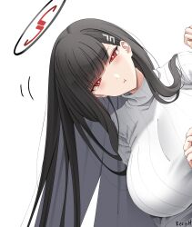 1girl black_hair black_halo blue_archive breasts bright_pupils hair_ornament hairclip hairpin halo highres huge_breasts keenh long_hair long_sleeves looking_at_viewer red_eyes ringed_eyes rio_(blue_archive) solo sweater turtleneck turtleneck_sweater very_long_hair white_pupils white_sweater