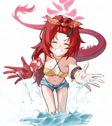 Rule 34 | 1girl, bangs pinned back, bare arms, bare shoulders, bikini, black horns, blue archive, blush, closed eyes, colored skin, denim, denim shorts, dragon girl, dragon horns, dragon tail, grin, hair intakes, hairband, halo, horns, long hair, mer lynn, multicolored skin, navel, official alternate costume, official alternate hairstyle, open clothes, open shorts, orange hairband, pink halo, red hair, red skin, red tail, renge (blue archive), renge (swimsuit) (blue archive), short shorts, shorts, single horn, smile, solo, stomach, swimsuit, tail, teeth, yellow bikini