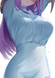 1girl absurdres arms_up blush breasts commentary dress english_commentary fern_(sousou_no_frieren) head_out_of_frame highres large_breasts long_hair open_mouth purple_hair sengnam1997 simple_background solo sousou_no_frieren wet white_background white_dress