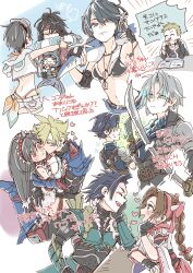 aerith_gainsborough aerith_gainsborough_(kamura_dress) angeal_hewley bikini bikini_under_shorts breasts cait_sith_(felyne_kamura_garb) cait_sith_(final_fantasy) cleavage cloud_strife cloud_strife_(glavenus_armor) cosplay fake_horns felyne felyne_(cosplay) final_fantasy final_fantasy_vii final_fantasy_vii_ever_crisis final_fantasy_vii_rebirth final_fantasy_vii_remake glavenus_(armor) glenn_lodbrok heart highres hinoa hinoa_(cosplay) horned_headwear horns hug kirin_(armor) large_breasts lucia_lin lucia_lin_(beach_agent) medium_breasts monster_hunter_(series) multiple_girls oshibainoticket sephiroth sephiroth_(ever_crisis) swim_ring swimsuit thong_bikini tifa_lockhart tifa_lockhart_(kirin_suit) translation_request vincent_valentine yuffie_kisaragi yuffie_kisaragi_(summer_moogle) zack_fair zack_fair_(zinogre_armor) zinogre_(armor)