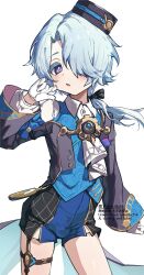 1boy black_hat black_jacket black_ribbon blue_hair blue_vest blush commentary_request gloves hair_over_one_eye hair_ribbon hat highres honkai:_star_rail honkai_(series) jacket long_hair long_sleeves looking_at_viewer male_focus misha_(honkai:_star_rail) parted_lips purple_eyes ribbon shirt shorts simple_background solo trap vest white_background white_gloves white_shirt yoruhachi