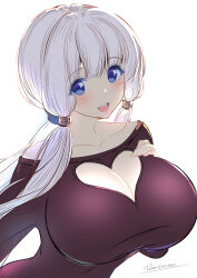 absurdres azur_lane bare_shoulders black_shirt blue_eyes blush breasts cleavage cleavage_cutout clothing_cutout hand_on_own_chest heart_cutout highres huge_breasts illustrious_(azur_lane) long_hair looking_at_viewer open_mouth ponytail reisa-aisaka shirt twintails white_background white_hair