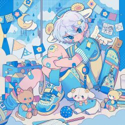 Rule 34 | 1boy, animal ears, backpack, bag, bandaid, bandaid on arm, bandaid on cheek, bandaid on face, bandaid on knee, bandaid on leg, blue eyes, blue hair, blue hat, blue shirt, blue shoes, blue shorts, blue socks, blush stickers, closed mouth, cloud, commentary, foot out of frame, hair between eyes, hair ornament, hat, highres, hugging own leg, itousa, looking at viewer, male focus, original, sheep boy, sheep ears, shirt, shoes, short hair, short sleeves, shorts, sitting, sneakers, socks, star (symbol), star hair ornament, stuffed animal, stuffed cat, stuffed sheep, stuffed toy, sweater vest, symbol-only commentary, teddy bear, yellow sweater vest