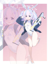 1girl absurdres ahoge alternate_costume alternate_hairstyle animal_ears bare_legs black_jacket blue_archive blue_hair blush border bow bowtie breasts bullpup commentary covered_navel cran_berrie detached_collar fake_animal_ears full_body gun hair_between_eyes halo hands_up high_heels highres holding holding_gun holding_weapon jacket knees_together_feet_apart leotard looking_at_viewer multicolored_hair open_clothes open_jacket open_mouth outside_border pink_background pink_hair pink_halo pump_action purple_bow purple_bowtie purple_eyes rabbit_ears reisa_(blue_archive) shotgun simple_background sleeves_past_wrists small_breasts smile solo standard_manufacturing_dp-12 standing standing_on_one_leg star_halo strapless strapless_leotard streaked_hair sweatdrop tareme thighs twintails two-tone_hair v v-shaped_eyebrows v_over_eye weapon white_border white_leotard zoom_layer